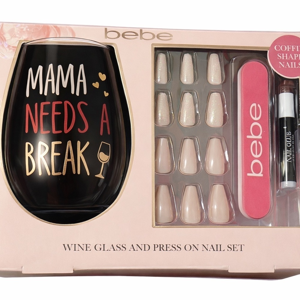 Wine Cup press on nails Set “mama needs a break” gift set